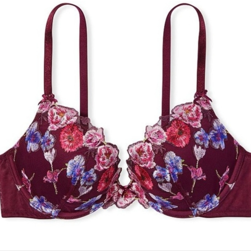 Victoria's Secret Burgundy Floral Embroidered Demi Bra